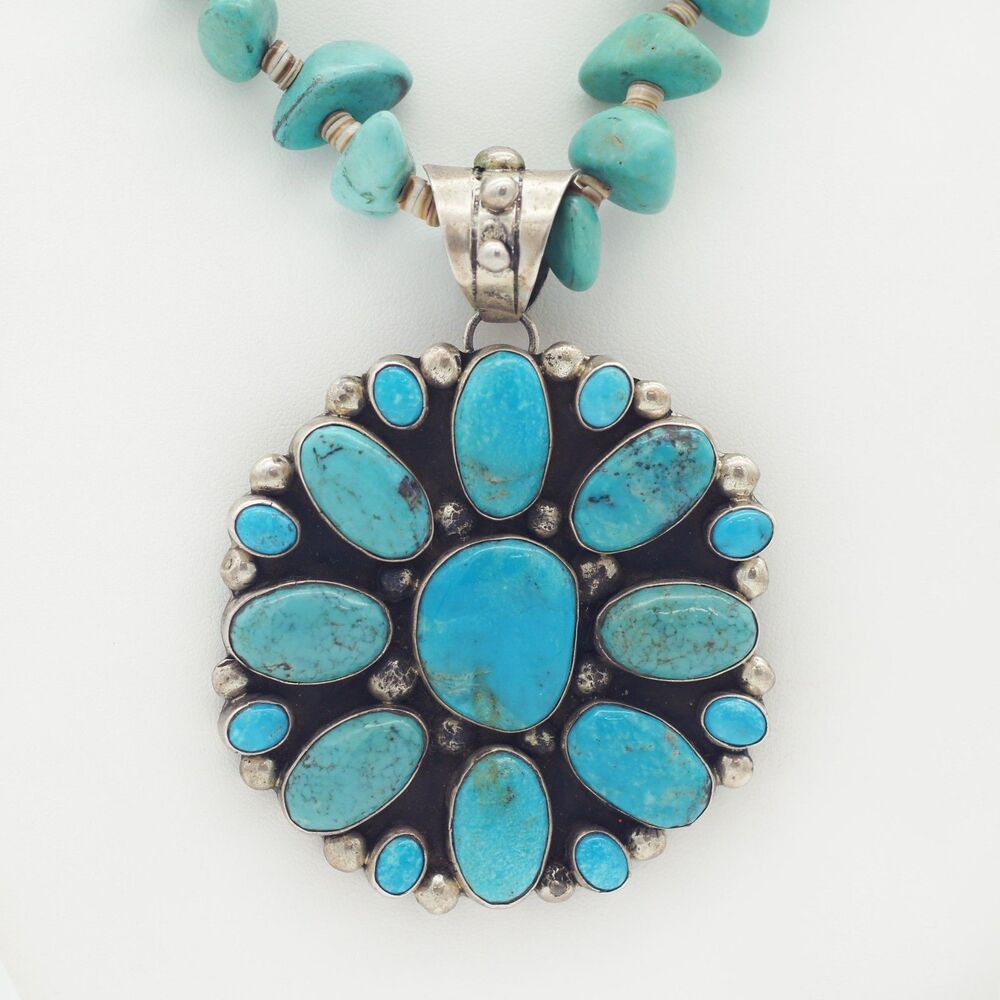 Native American Chimney Butte Turquoise Cluster Pendant and Shell Necklace